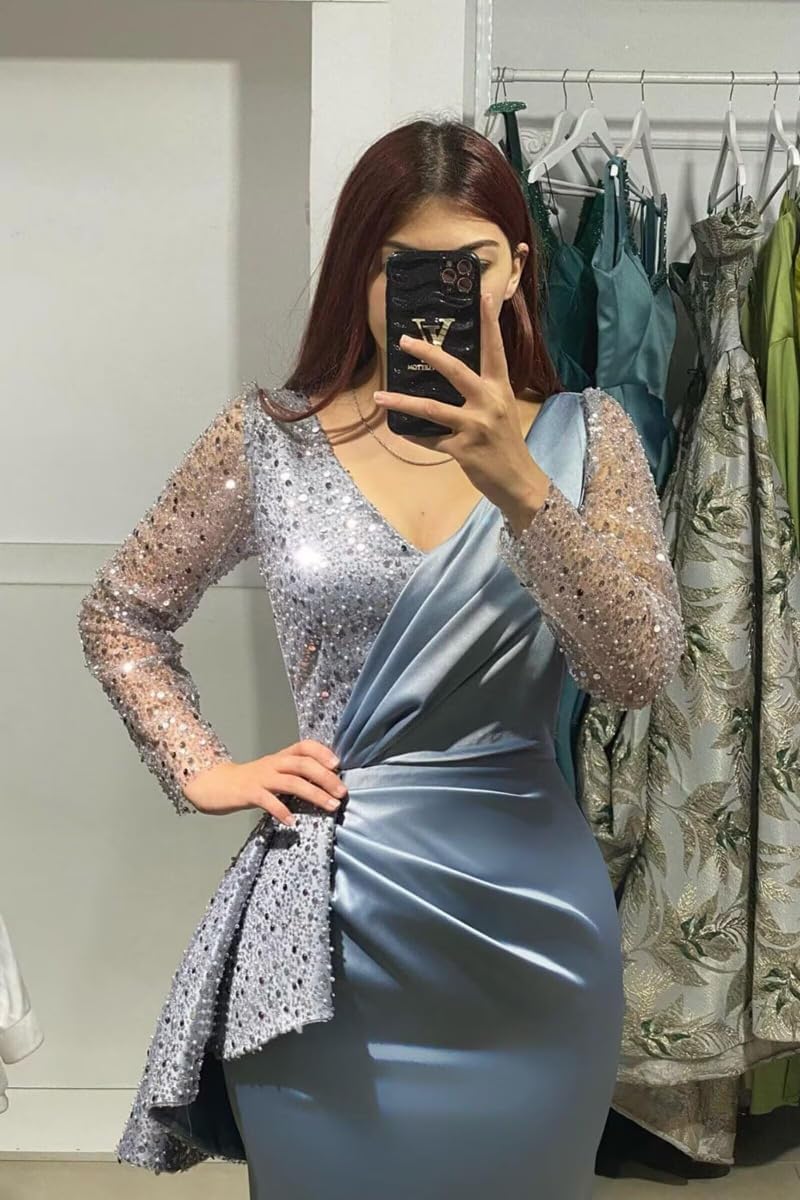 Long Sleeve Prom Dresses for Women 2025 Sparkly Satin Sequin Formal Ball Dress Mermaid Evening Party Gowns