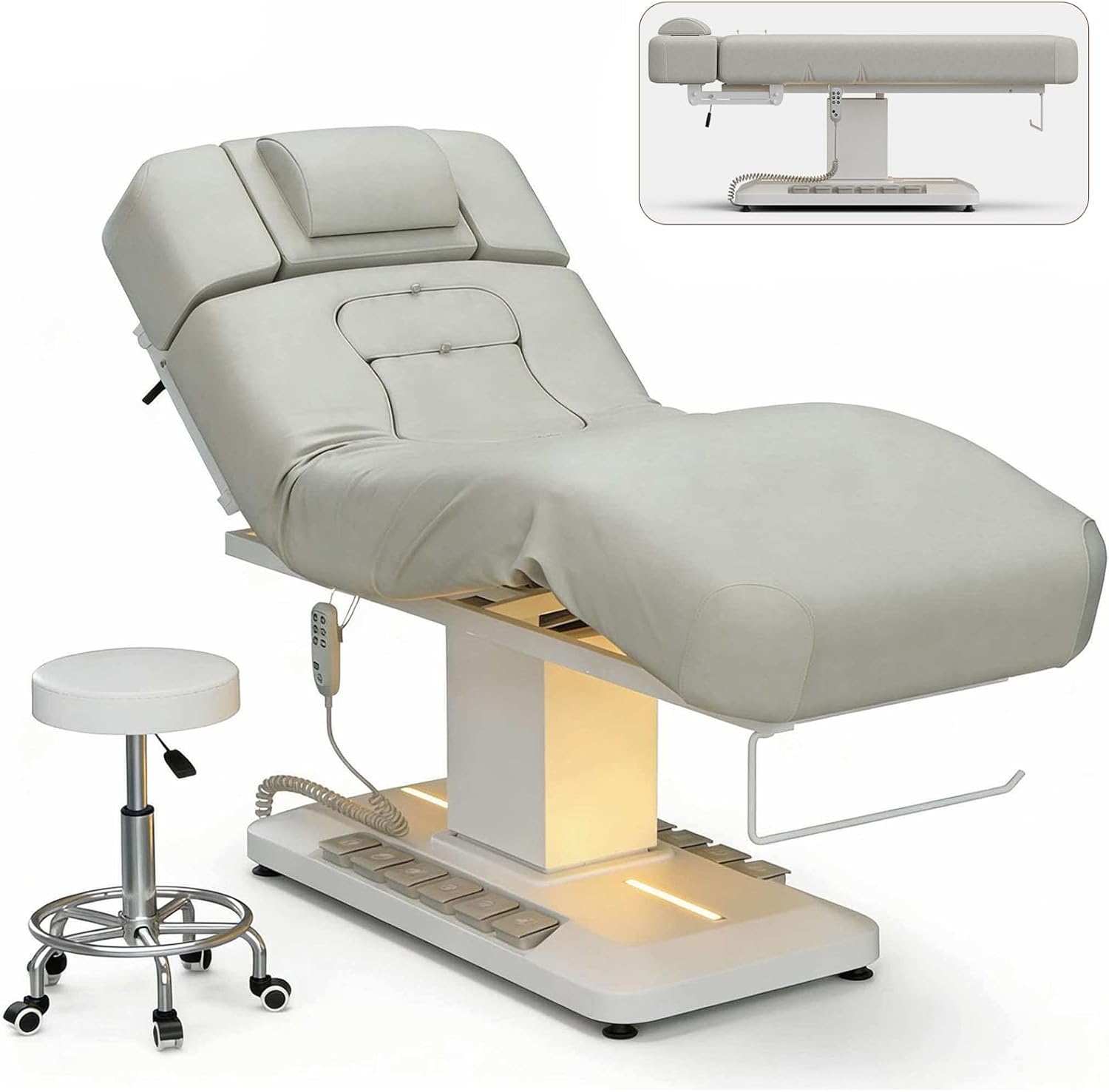 Icoget Electric Massage Table for Pregnancy & Maternity w/Stool, Multi-Function Esthetician Facial Bed with Ambient Lighting, Spa Treatment Therapy Bed with Face Cradle & Armrest