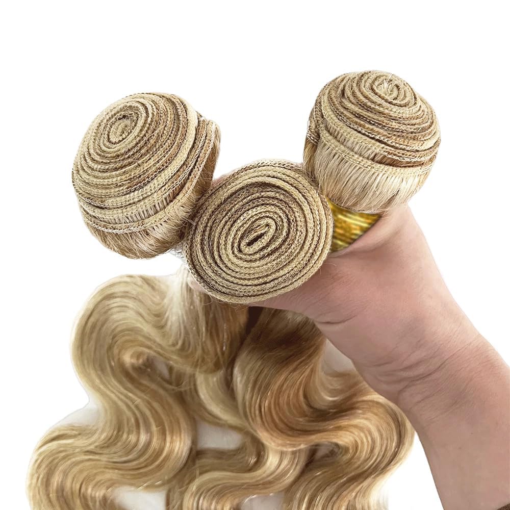 Piano Color Blonde Bundles Human Hair P27613 Body Wave Bundles Ombre Honey/Light Blonde Highlights 20/22/24 Inch Brazilian Human Hair Sew-In Weave Extensions Soft & Thick