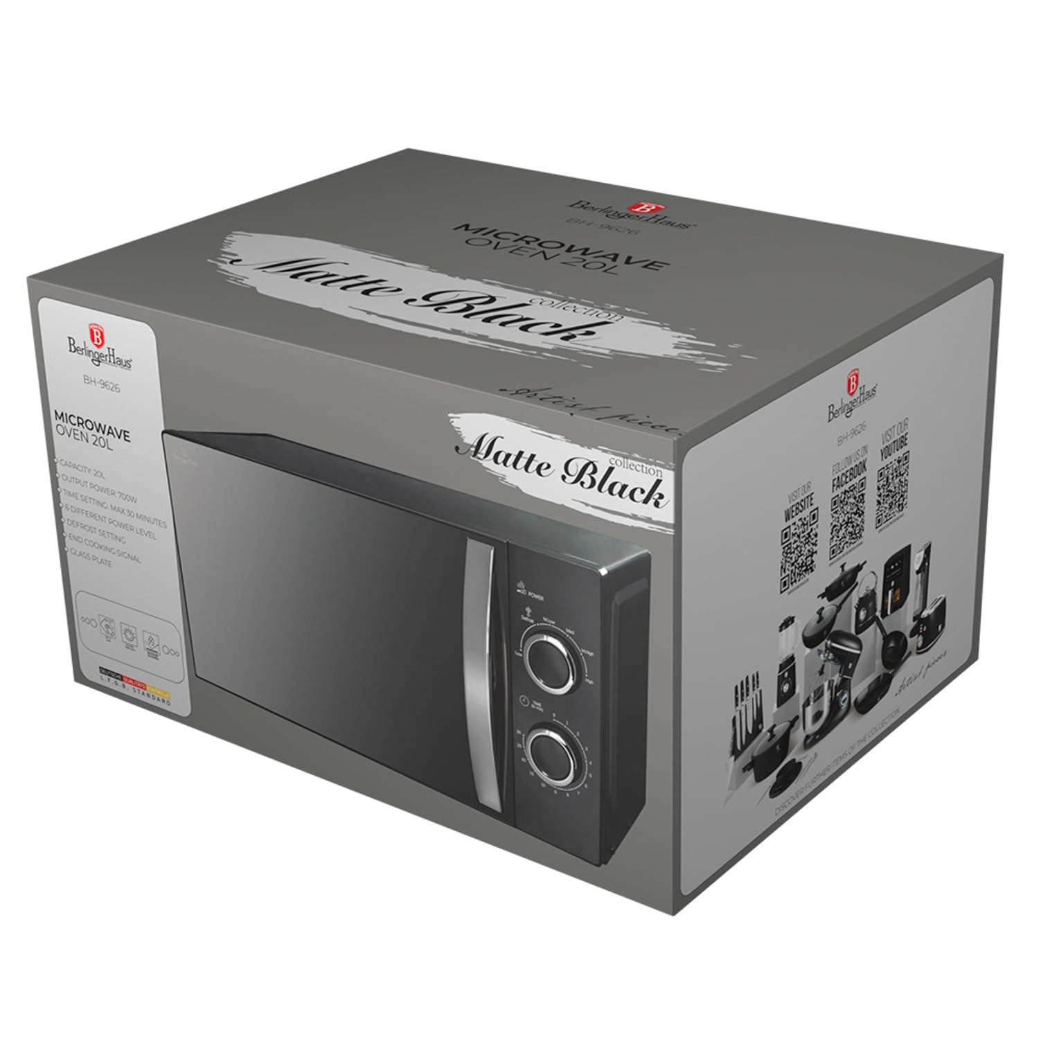 Berlinger Haus Mikrowellenherd 20 l | Black Rose Collection mit 700 W Leistung | 6 Stufen | Edelstahlteile & Borosilikatglas | Innenbeleuchtung & Auftaufunktion
