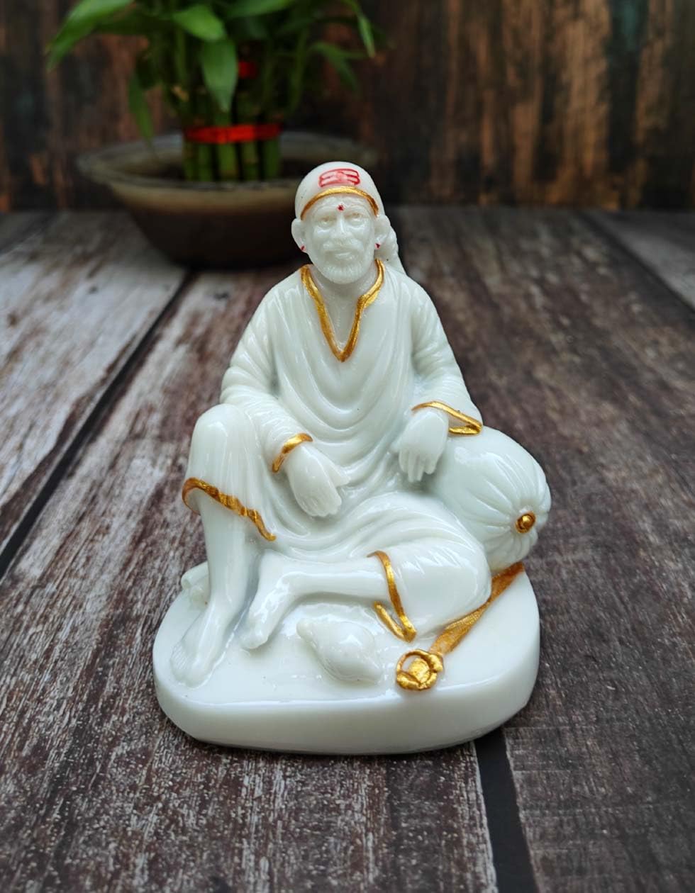 SHINDE EXPORTS shirdi saibaba Idol Marble/saibaba Idol for car Dashboard 11 cm (White Golden jari dwarkamai)