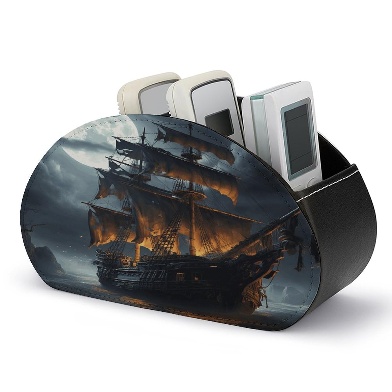 VstaDank Pirate Sailboat Full Moon Remote Control Holder with 5 Compartments Pu Leather TV Remote Caddy Storage Box Desktop Organizer Store Controller DVD Brush Pens Glasses&Office Supplies
