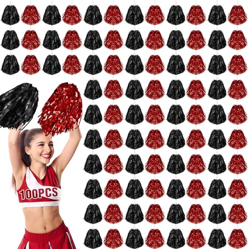 100 Pcs Cheerleading Pom Poms Metallic Foil Cheer Pompoms with Plastic Handle Cheerleader Pompoms Spirit Fun for Cheer Squad Dancing Party Performance Game Ball Sports Team