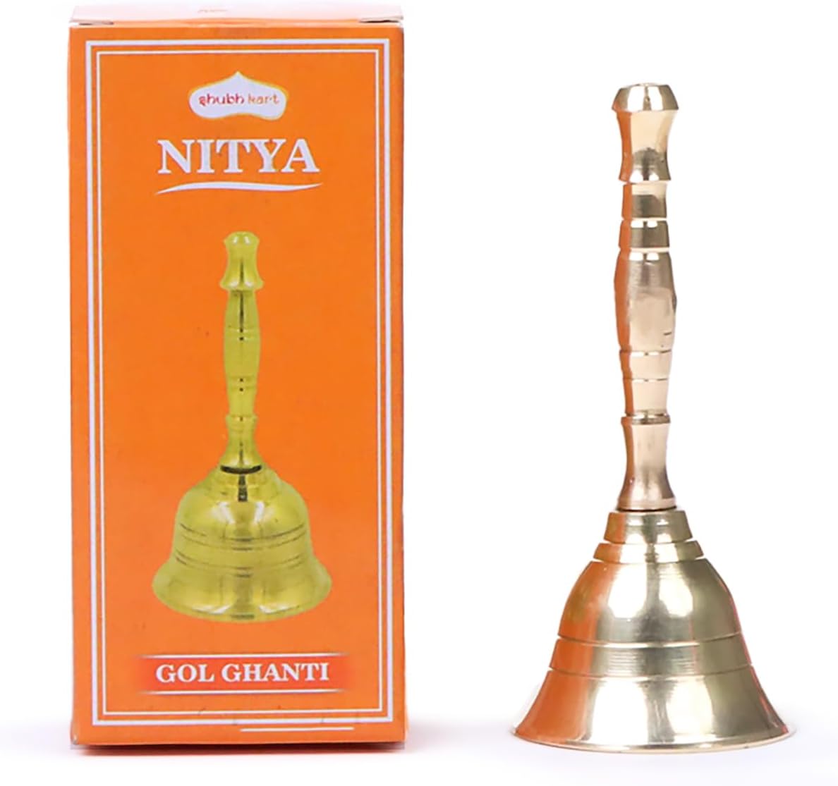 Solid Brass Puja Ghanti, 3.5 Inch Hand Held Temple Bell for Home, Events, Decoration, Food Line, Alarm and Service, Small