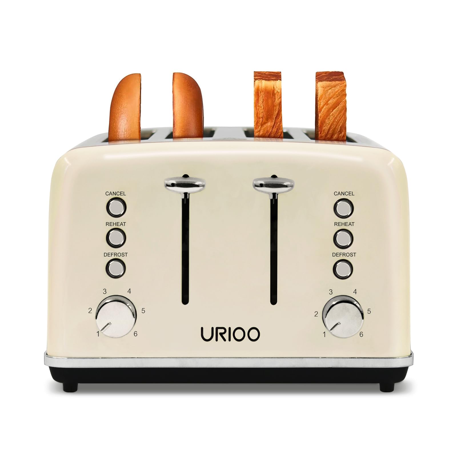 URIOO Toaster 4 Slice Retro Stainless Steel 4 Slots Toaster with Extrac Wide Slot, Removable Crumb Tray, Reheat, Cancel, Defrost Function, 6 Browning Settings, Cream