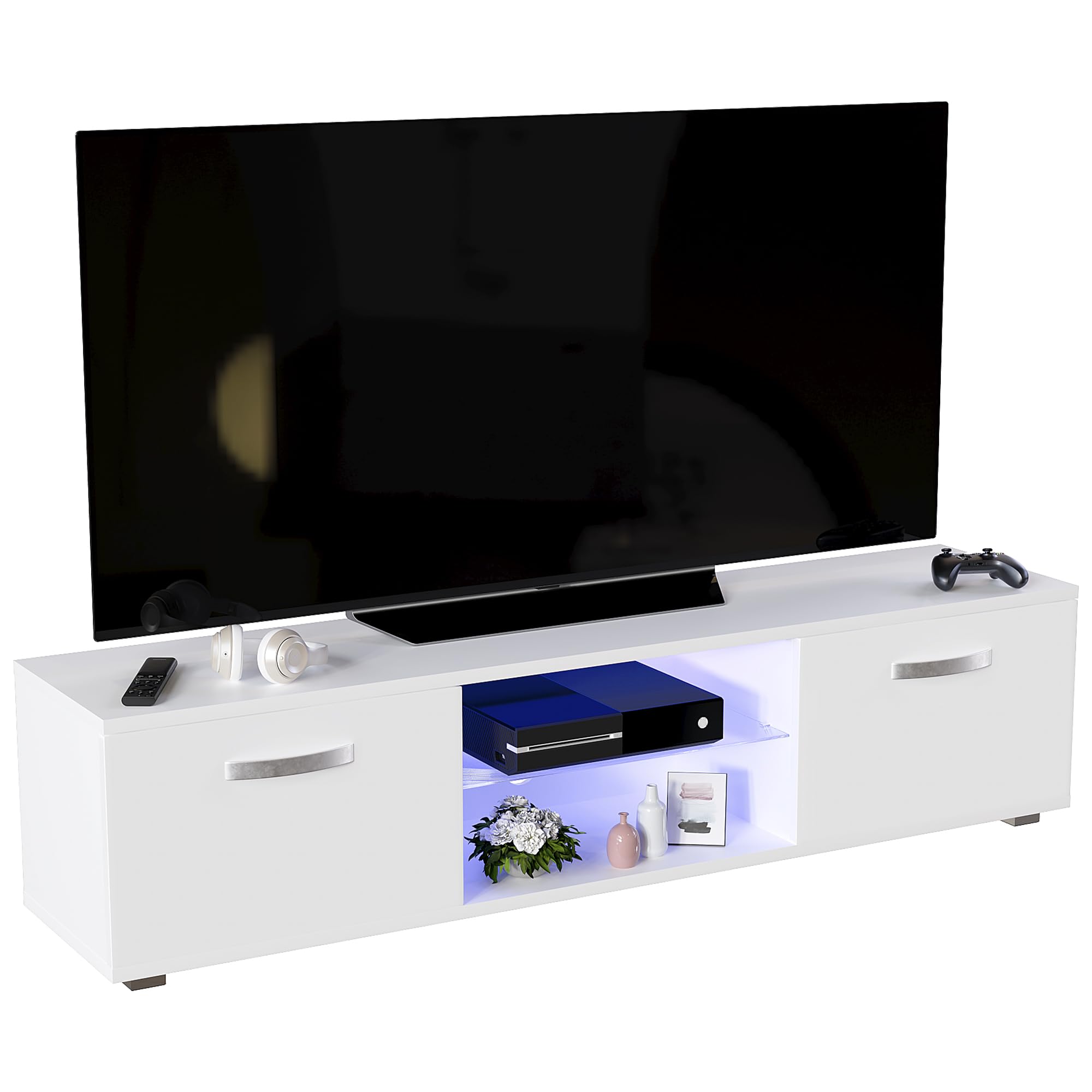 Vida Designs Cosmo - Mueble de TV LED de 2 Puertas Moderno Brillante MDF Mate para Sala de Estar, Mueble de Medios, Mueble RGB, Blanco Claro, 160 cm