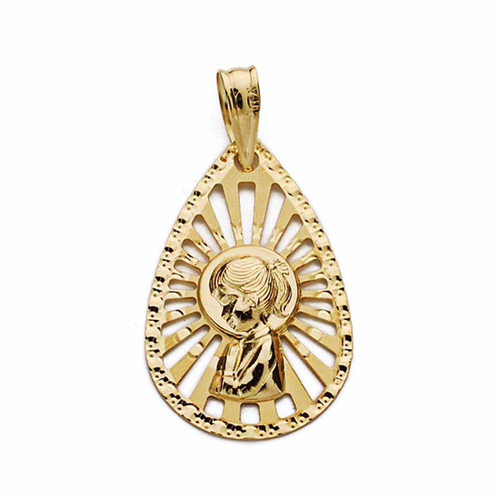 Medalla oro 18k Virgen Niña colgante 22mm. cerco tallado centro calado lágrima