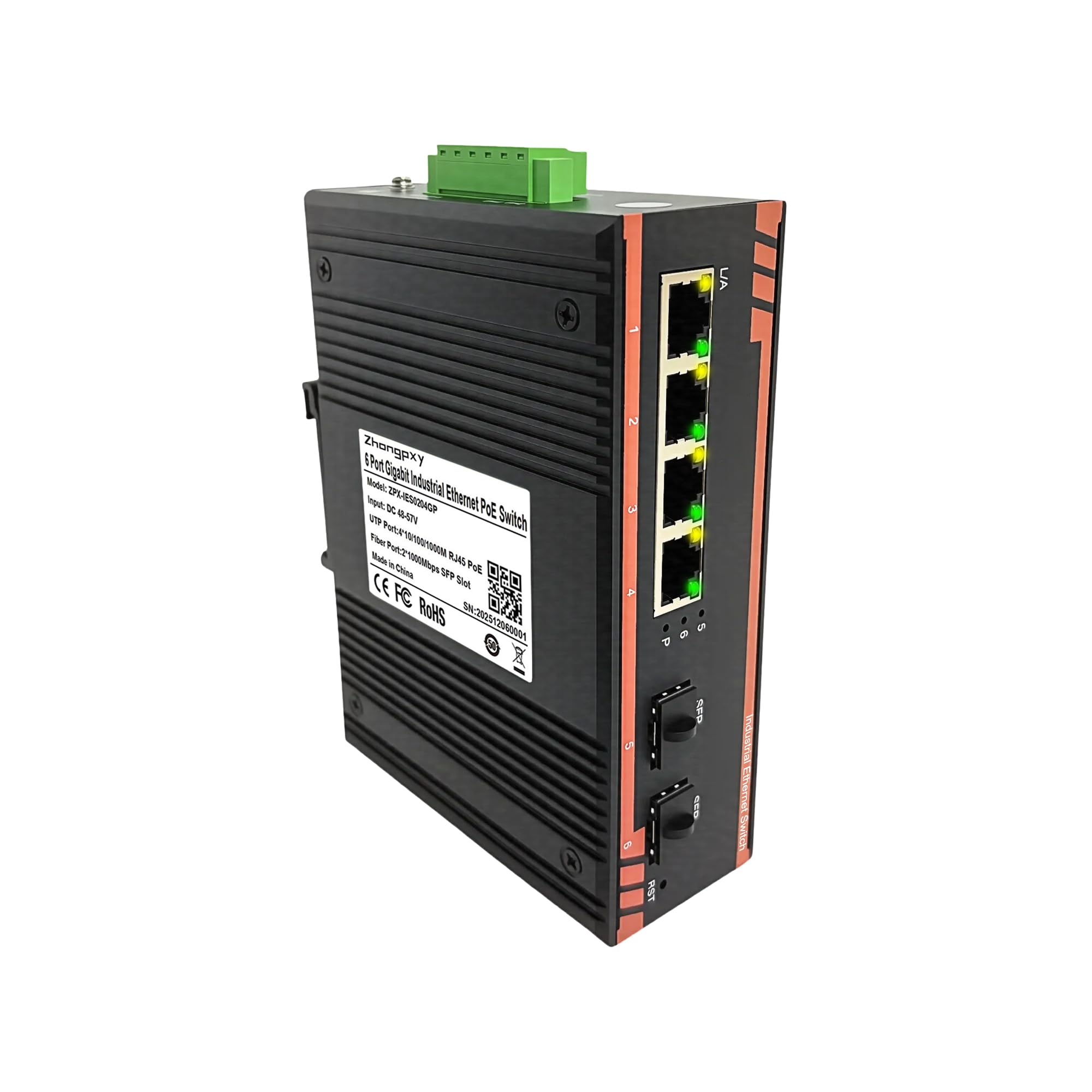 ZHONGPXY Industrial Ethernet PoE Switch 4×Gigabit RJ45 (IEEE 802.3af/at, 30W PoE) + 2×Fiber | 6-Port Unmanaged DIN-Rail Switch | IP40 Aluminum | 48–57V DC | -40~80℃
