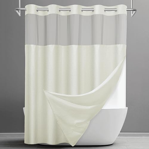 Miniatura 31 de Cortina de ducha sin gancho con forro a presión, cortina de ducha de gofre para baño, tela estilo hotel, forro interior impermeable, 71 pulgadas de
