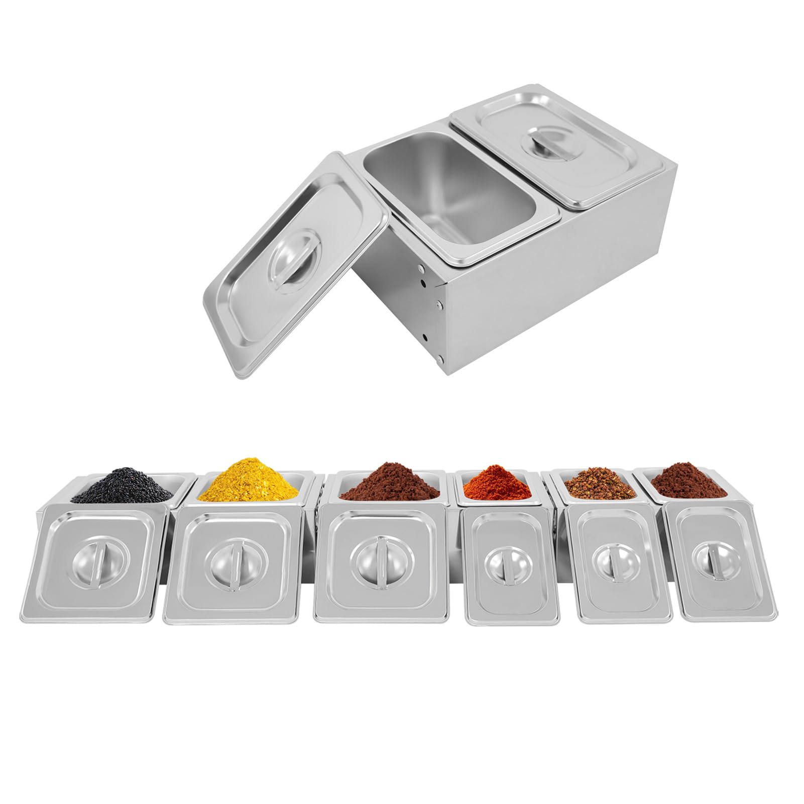 Lot de 6 pots à épices en acier inoxydable avec étagères et couvercle, pour le stockage du sucre, du sel, des sauces, du vinaigre, 11 x 17,5 x 6,5 cm/16,5 x 17,5 x 6,5 cm