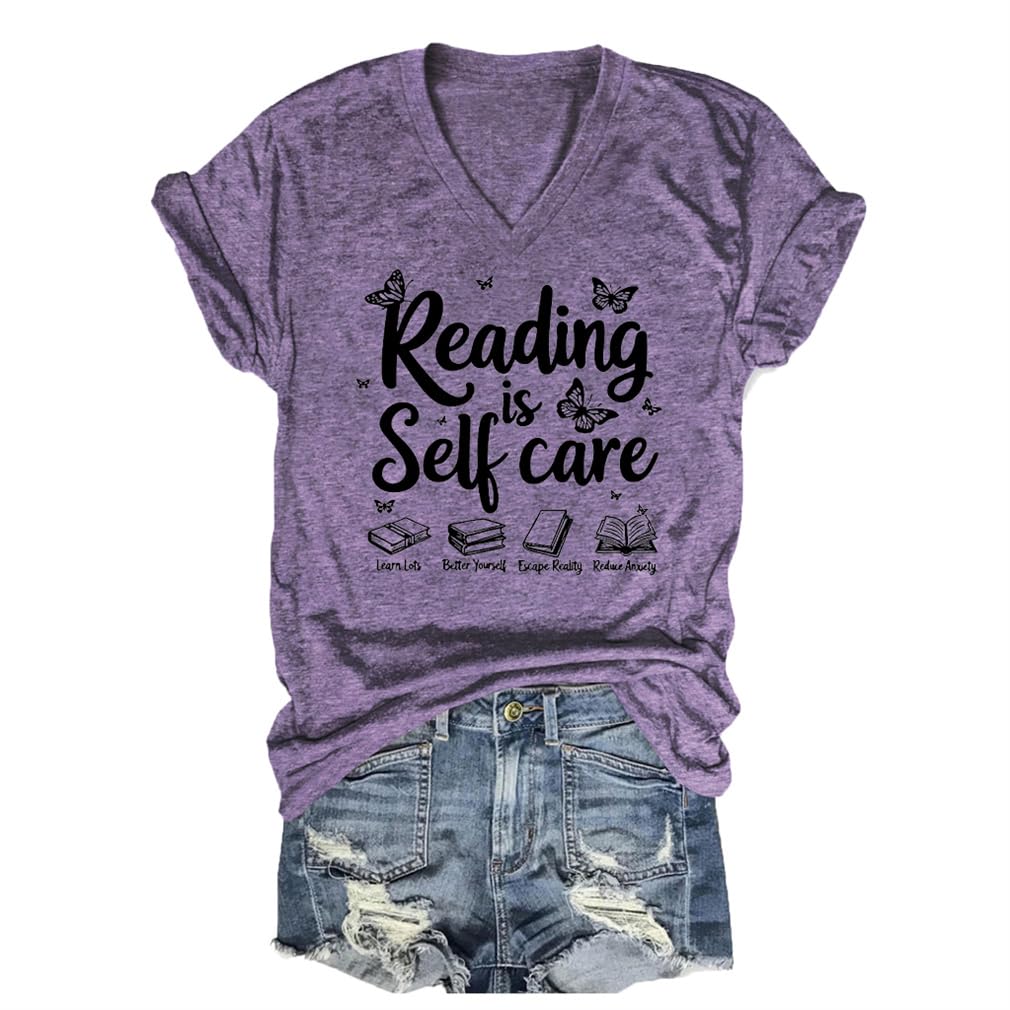 Funny Bookworm Shirts Womens Reading is Self Care Cute Graphic Tee Short Sleeve V Neck Reading Book Lovers T-Shirt