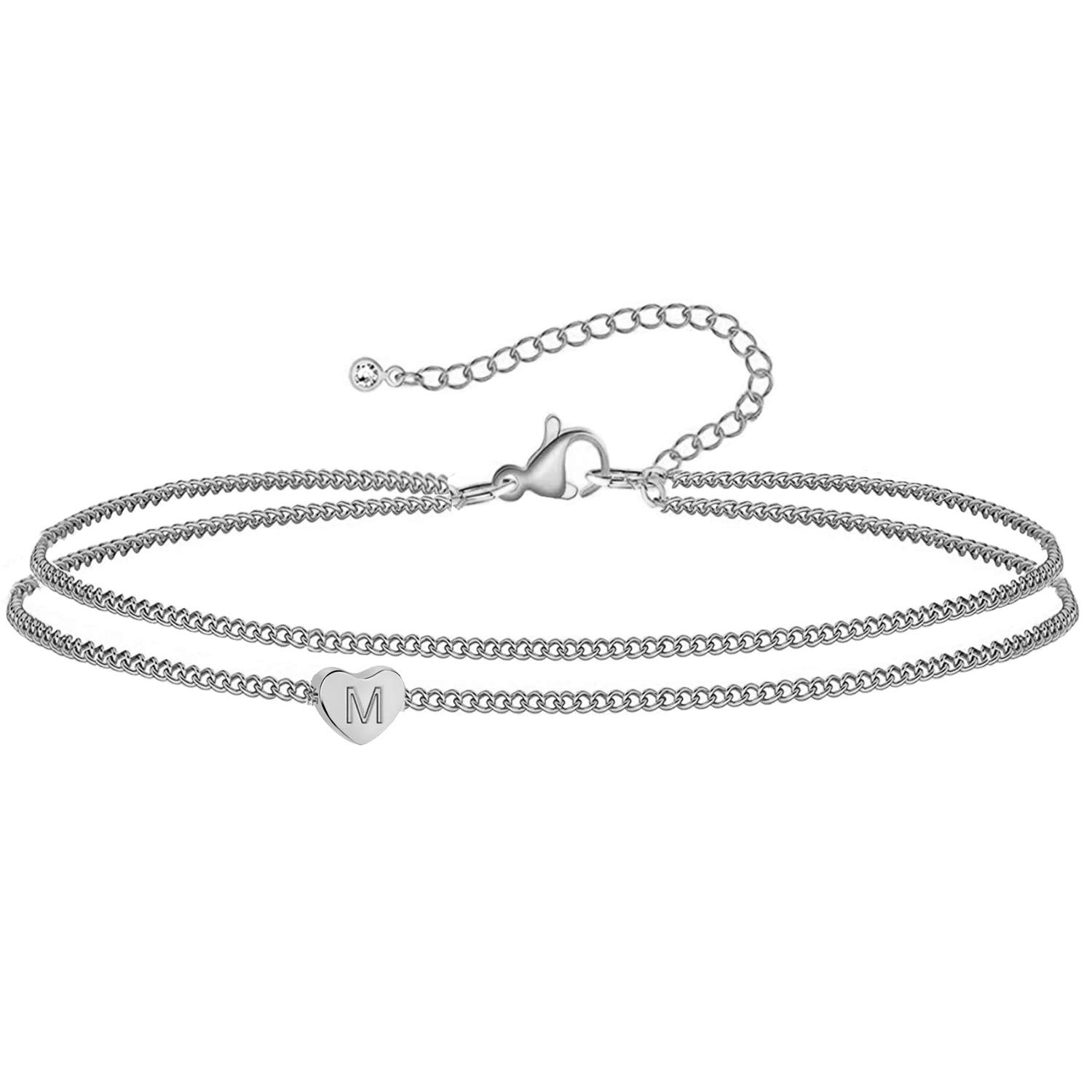 WIGERLON Heart Initial Ankle Bracelets for Women, 14K Gold Plated Dainty Layered Anklet Letter Ankle Bracelets for Girl Silver