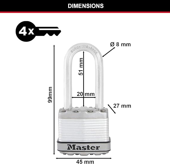 MASTER LOCK Heavy Duty Padlock, Security Level 8/10, Outdoor, Keyed, Laminated Steel, Weatherproof, Long Shackle