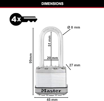 MASTER LOCK Heavy Duty Padlock, Security Level 8/10, Outdoor, Keyed, Laminated Steel, Weatherproof, Long Shackle