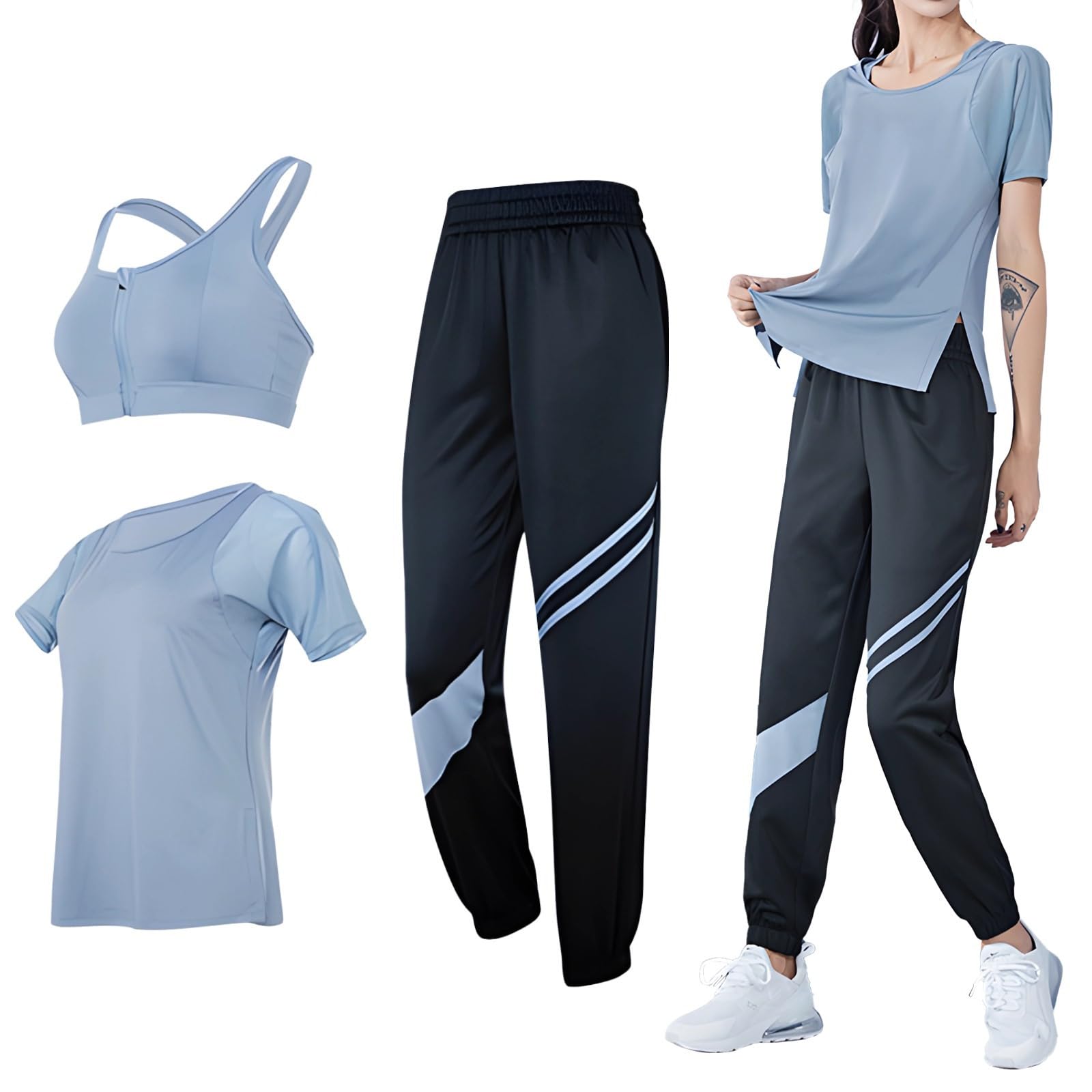Conjunto de entrenamiento de 3 piezas para mujer, incluye brasier deportivo, parte superior y leggings, y diseño negro, tela transpirable de poliéster y elastano, talla XXL