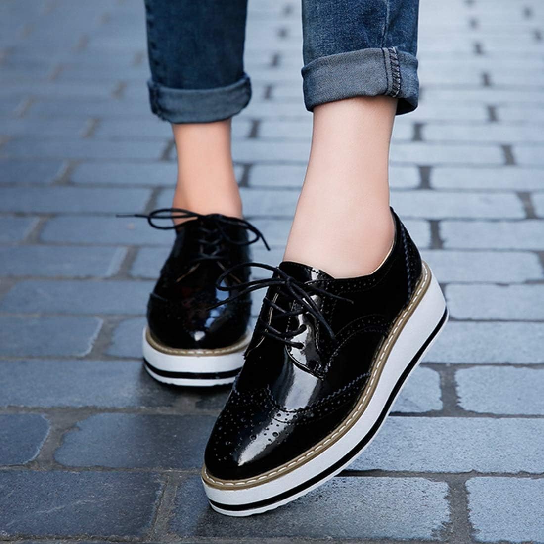 VOKLIN Women's Casual Platform Oxford Shoes Wingtip Lace Up Chunky Mid Heels Vintage Dress Wedge Oxfords