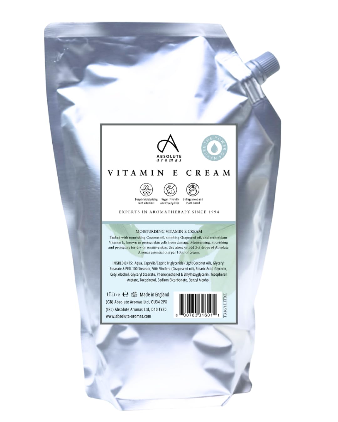 Absolute Aromas Vitamin E 1kg - Unscented Base Cream, Free from Parabens and Sulphates – Moisturising Cream for Face, Body and Scars