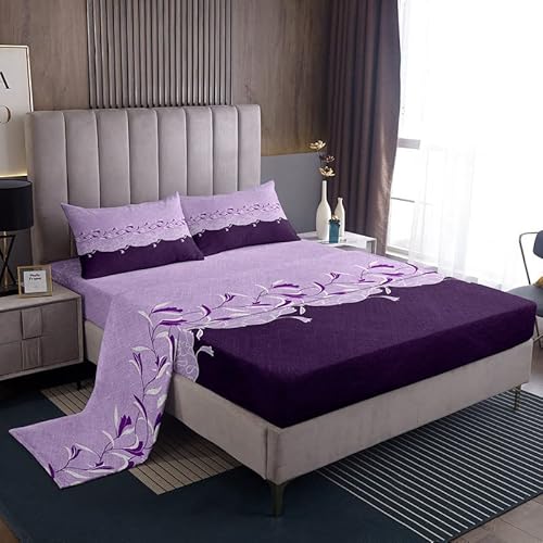 Purple Floral Bedding Set Queen Purple White Flower Bed Sheets With 2 Pillowcases Chic Blossom Branch Sheet Set Vintage Garden Aesthetic Art Decor Rustic Farmhouse Countryside Fitted Sheet #TOP21