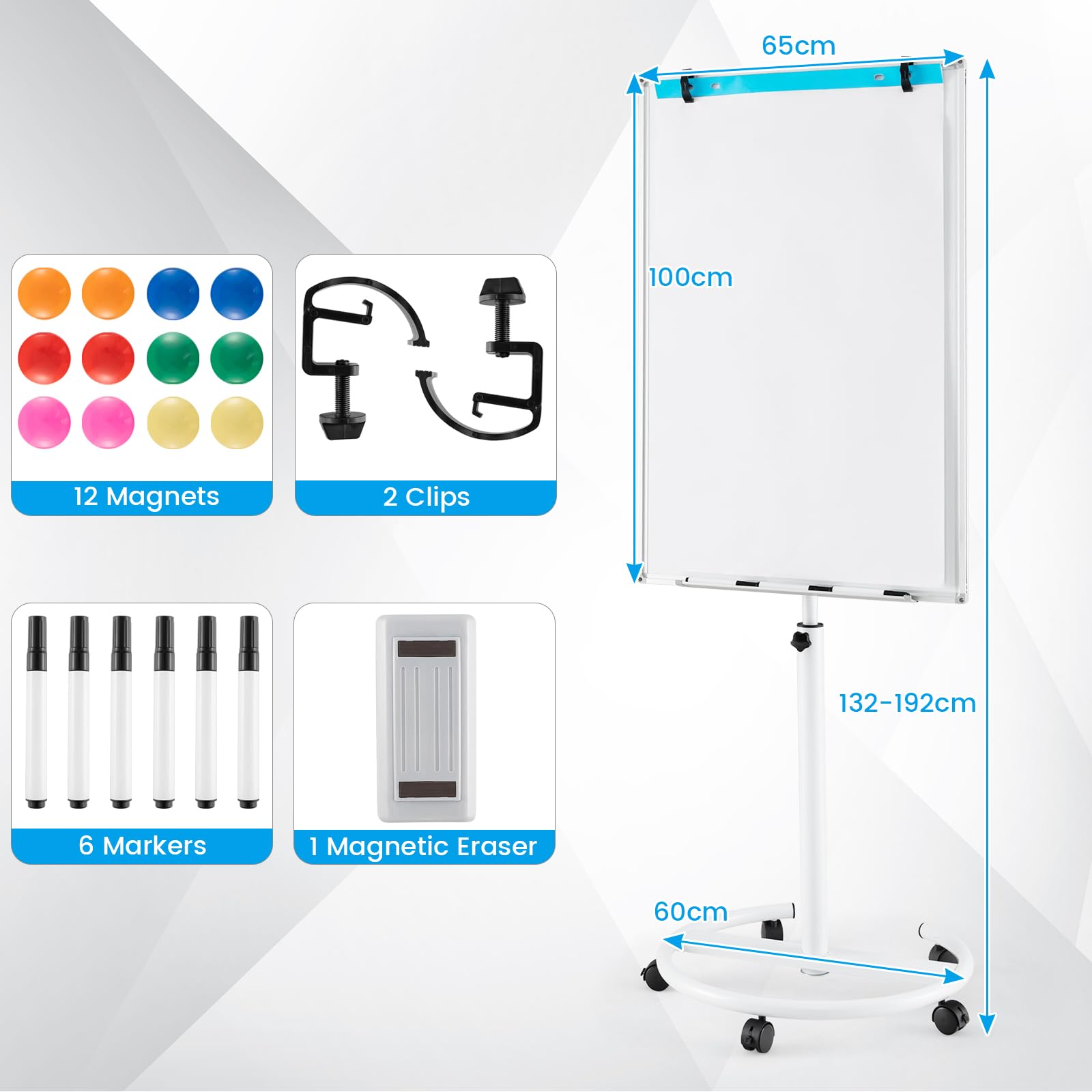 GIANTEX Pizarra Blanca Móvil 100 x 65 cm, Altura y Ángulo Ajustable, Pizarra Magnética con Ruedas Bloqueables, con Bandeja, Rotuladores, Borrador en Seco, Imanes y Clips (Blanco)