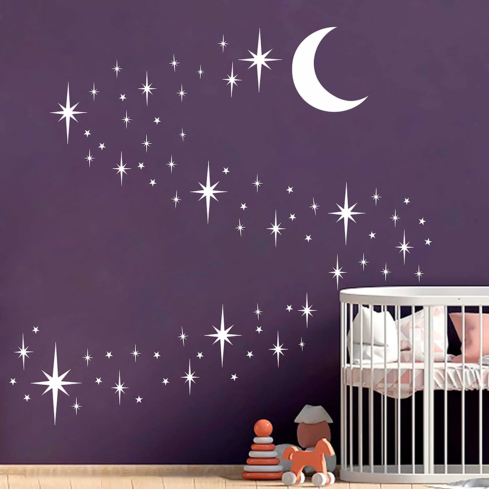Calcomanía de pared con estrellas y luna para pared, vinilo blanco en estrellas, pegatinas de pared removibles para niños y niñas dormitorio