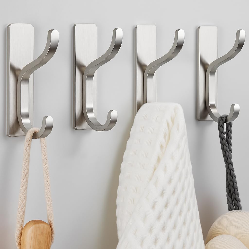 pickpiff Self Adhesive Hooks for Hanging: Heavy Duty Stick On Hooks (Hold 6KG), Coat Hook,Towel Hooks for Bathroom,Door Hooks Hanging Towel, Kitchen Hook,Metal,Brushed Silver, 4 Pack