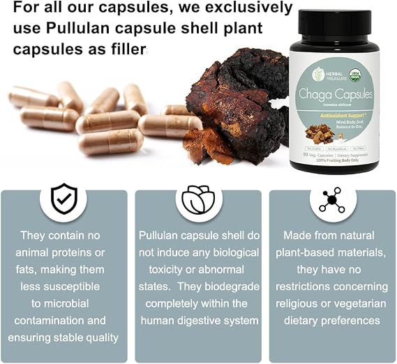 Herbal Treasure Chaga Mushrooms Powder Capsules, Mushroom Supplement for Functional Mushrooms, Chaga Mushroom Capsules for Energy, Immune Support, Organic Mushroom Supplement 90 Caps