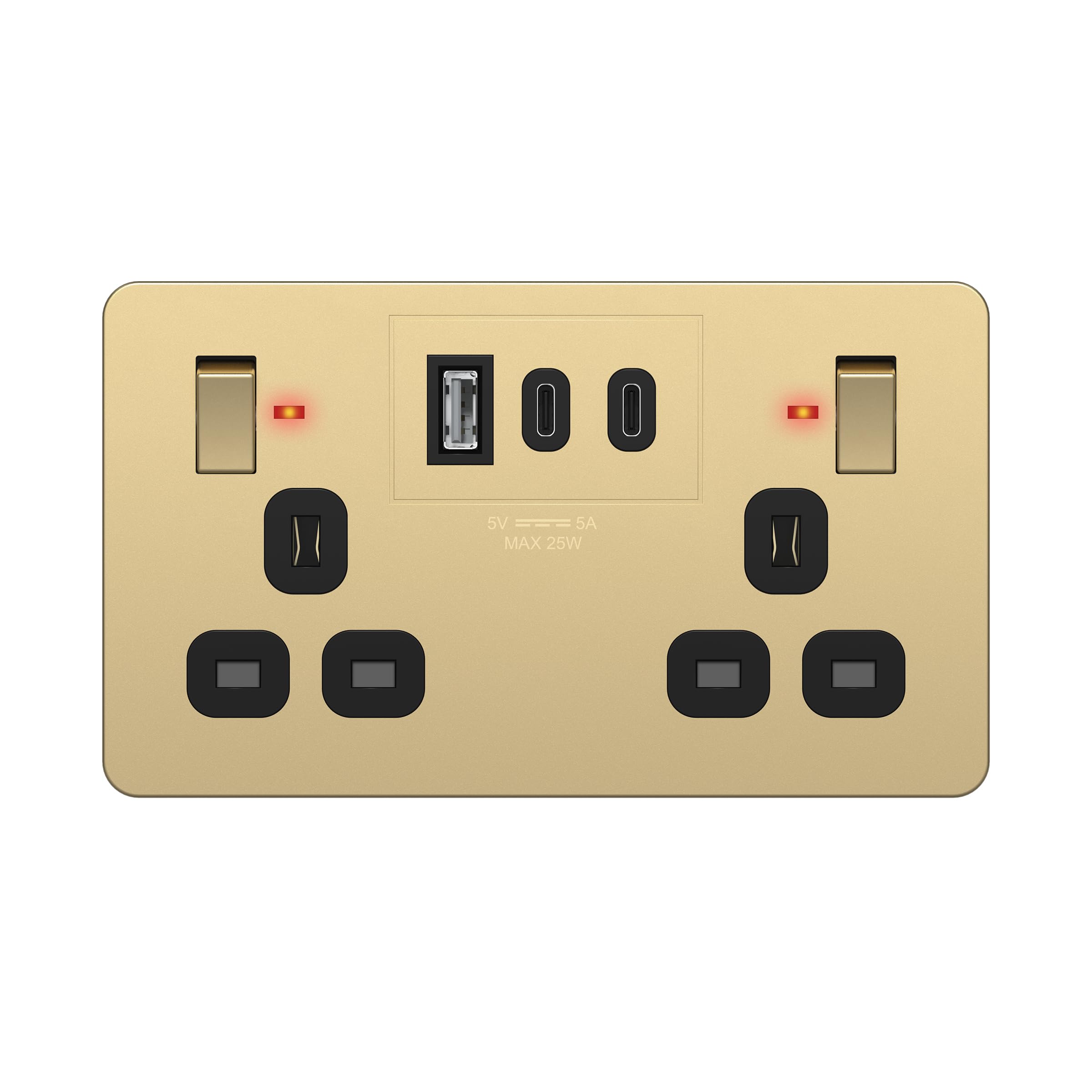 LIDER 2-Gang Switched 13A Socket with USB TYPE C & A Ports, LED Power Indicator, Always-On USB Ports, 25W Combined Output, Child Safe, UKCA Certified, Gold (Use a 35mm-deep back box) โ image 1