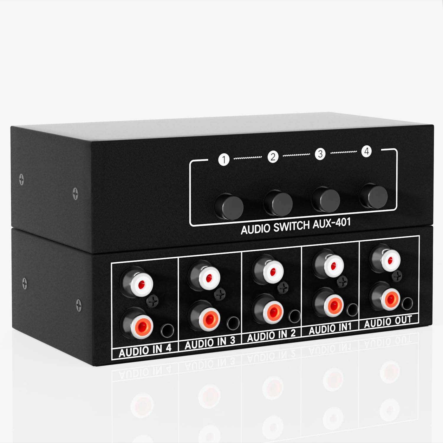 4 canali 3,5 mm Aux + RCA L/R Audio Switcher Box 4 in 1 Out/1 in 4 Out bidirezionale, 4 in 1 Out A/B analogico Audio Switcher Selettore senza bisogno di alimentazione