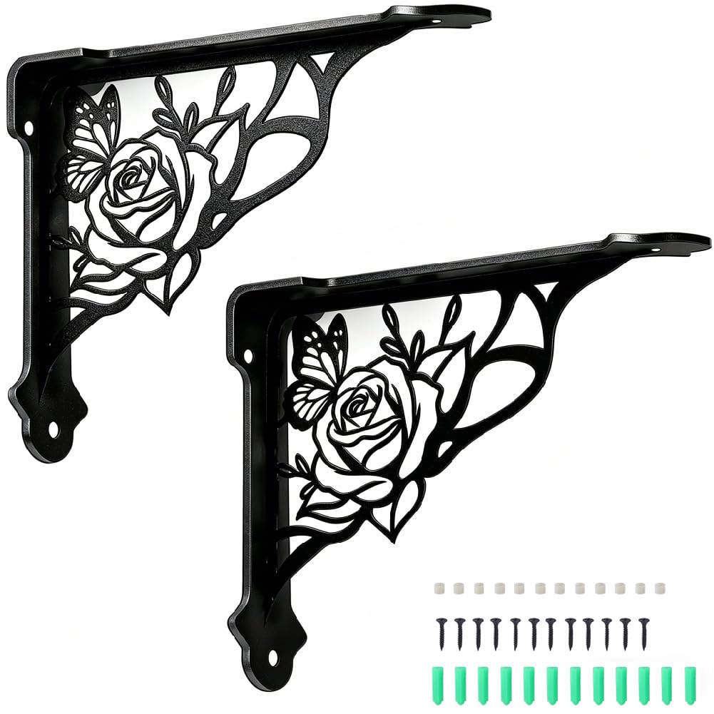 PRESSINART 2Pcs Floral Shelf Bracket 6.77 x 8.27 x 0.08 Inch Ornamental Shelf Brackets Black Rose Butterfly Iron Wall Mount Ornate Right Angle Style Support Holder for Kitchen Bedroom Corner Decor