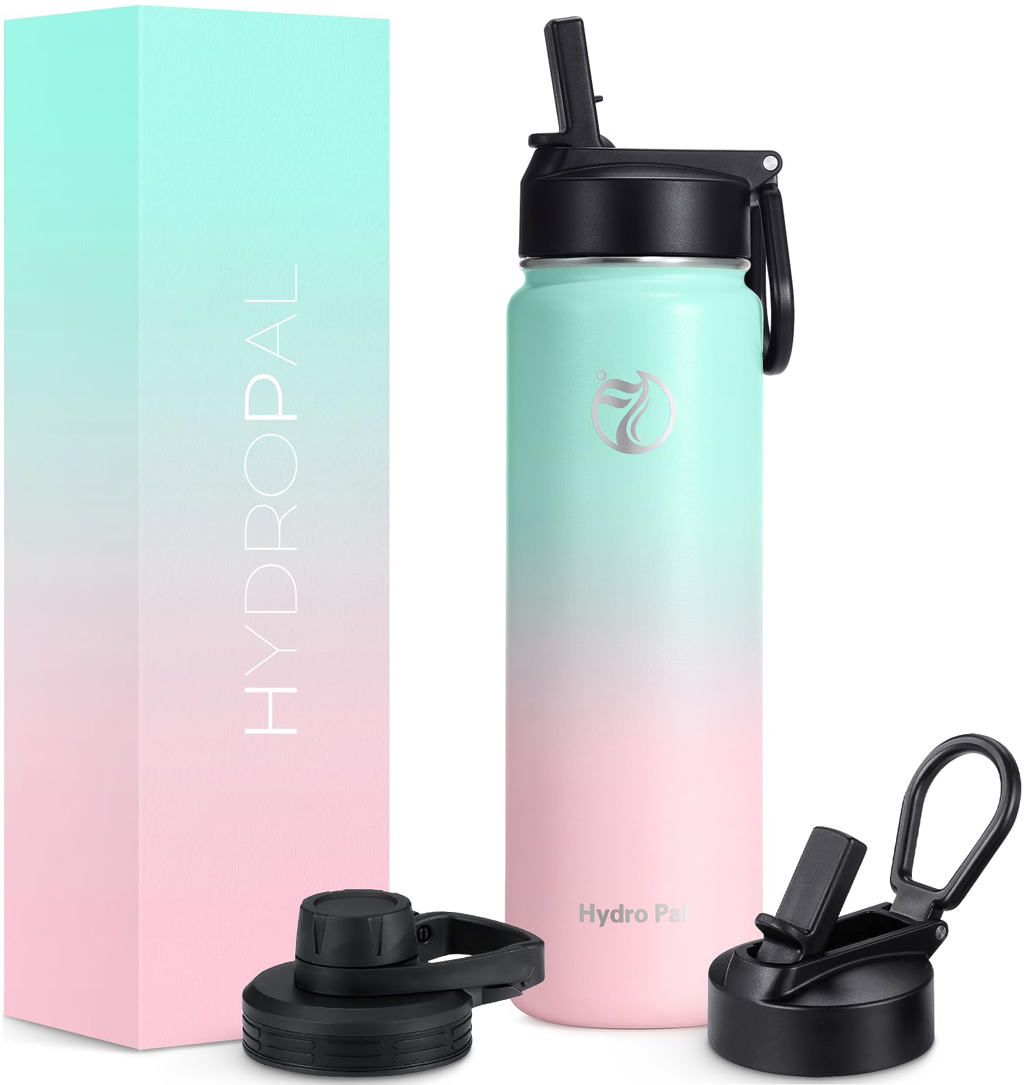 HydroPal Edelstahl Trinkflasche - 750ml/ 1L/1.2L/1.9L, BPA-Frei, Kohlensäure geeignet, Isolierte flasche mit Strohhalm & 2 Deckel