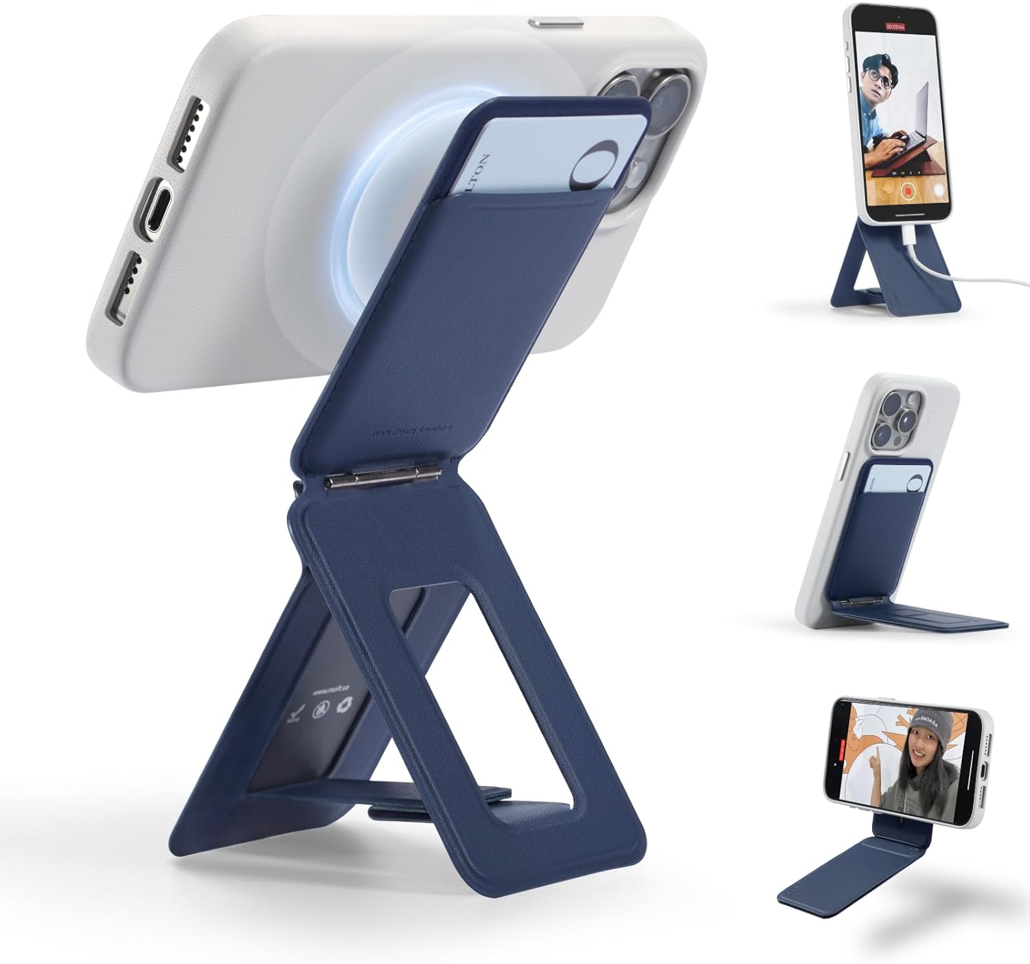 MOFT Phone Tripod Wallet، MagSafe Wallet Tripod Stand 3 in 1، NFC-Supported Phone Wallet، Pocket-Size Selfie Stick، MOVAS Vegan Leather and Adjustable Angle Card Holder، Navy Blue