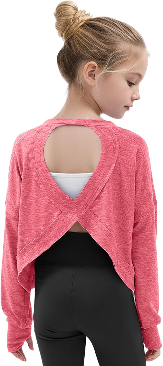 Gogokids Girls Shirts Long Sleeve Athletic Shirts Open Back Tops Active Sports Tshirts Yoga Workout Crop Tees 5-14 Years