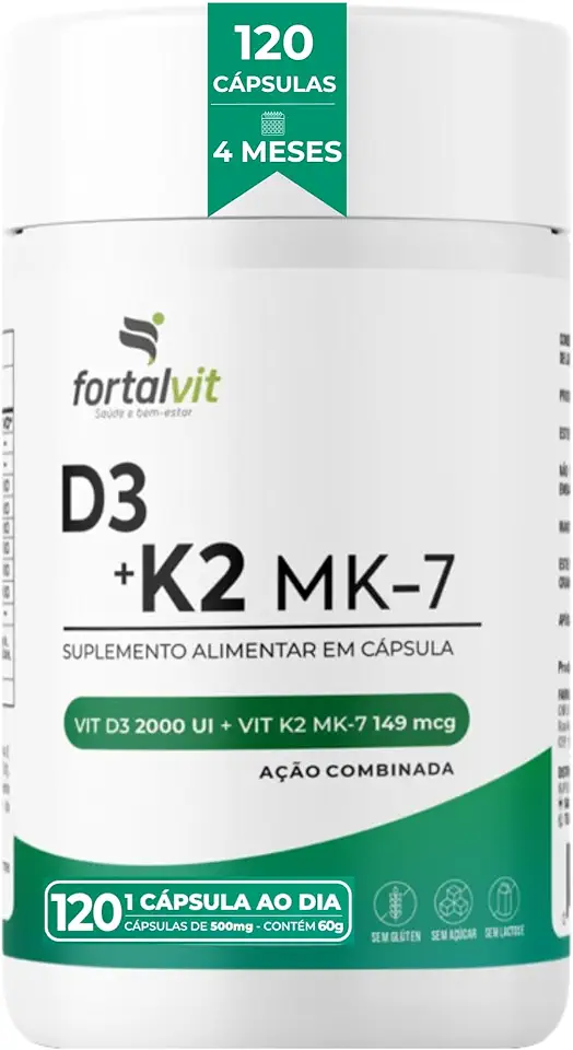Vitamina D3 + K2 120 Cápsulas 4 Meses de Uso Longa Duração, 2000UI D3 149mcg Vitamina K2 MK-7, Fortalvit