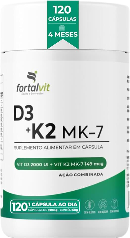 Vitamina D3 + K2 120 Cápsulas 4 Meses de Uso Longa Duração, 2000UI D3 149mcg Vitamina K2 MK-7, Fortalvit