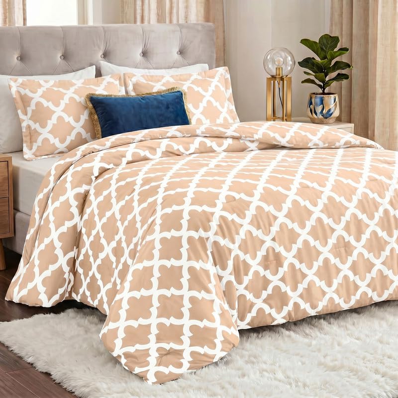 Image of Queen Comforter Set 3 Piece Beige by Utopia Bedding, Printed Comforters Queen Size Bedding Comforters Sets, Down Alternative Soft Bed Set 1 Comforter (88 x 88 inches) 2 Pillow Shams (20 x 26 inches)