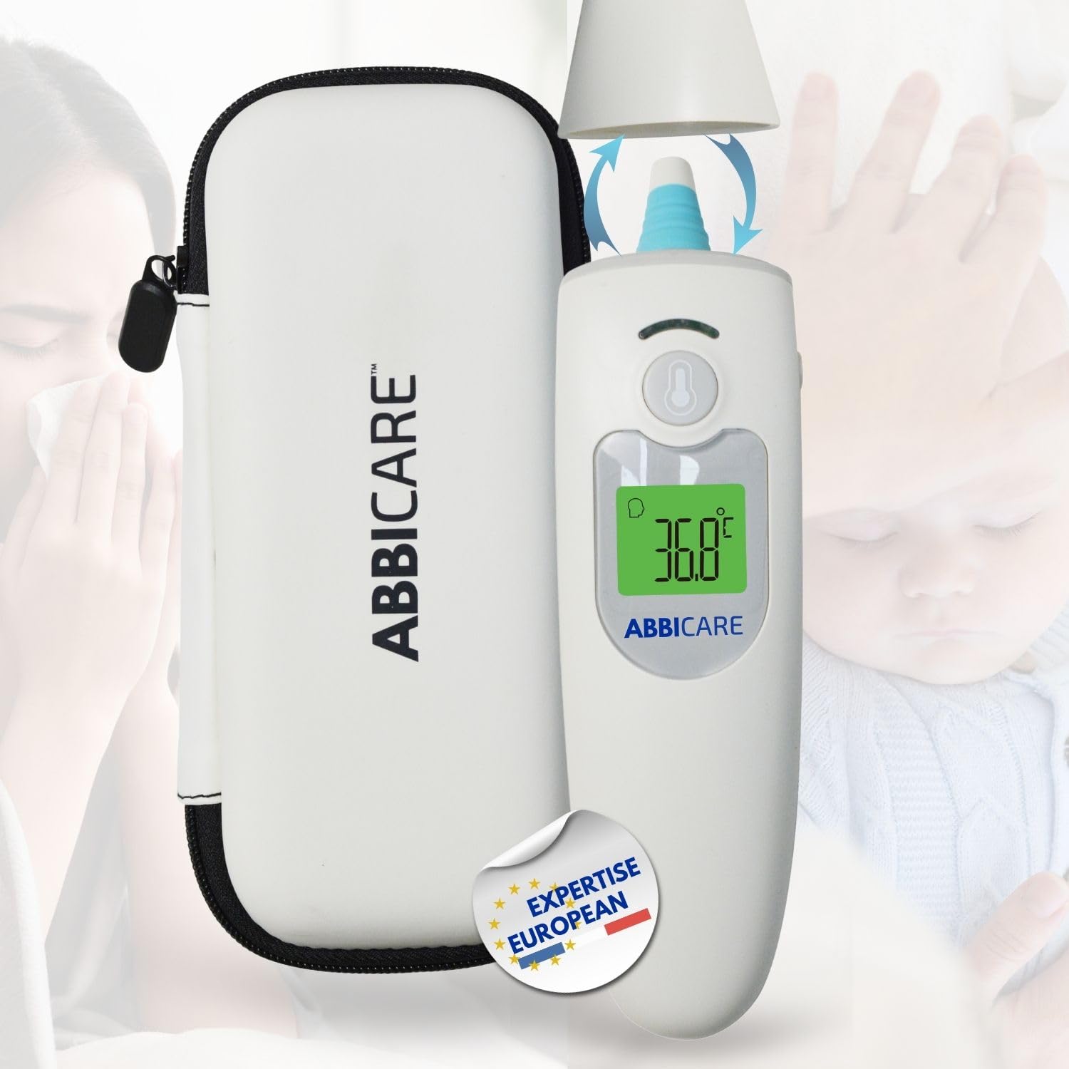 Termometro febbre digitale frontale e auricolare con custodia ABBICARE™| Modalità speciale neonato precisa e rapida in 1 secondo infrarossi