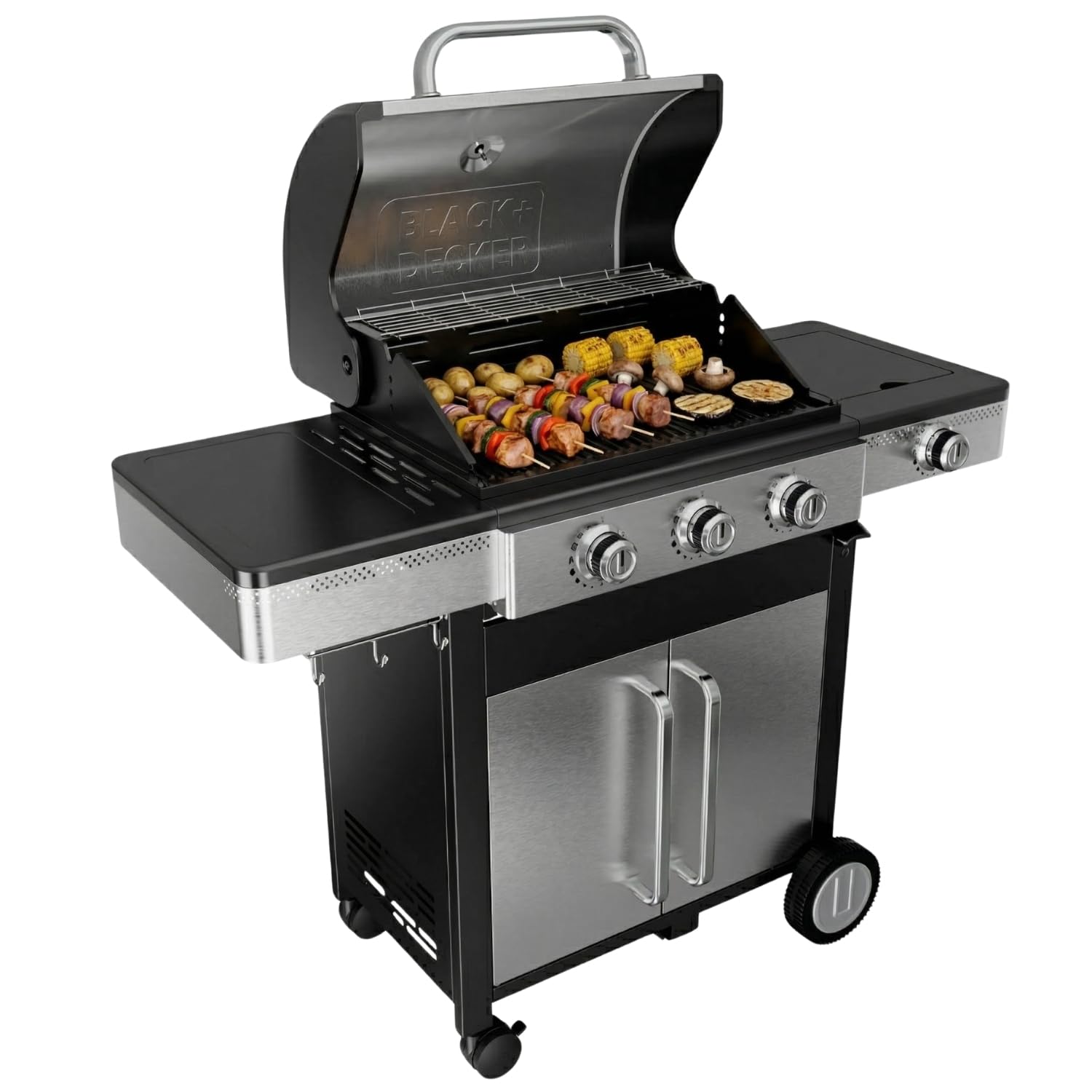 Black+Decker Barbecue à gaz BXOG12950E | 3 brûleurs 3,6 kW + côté 2,1 kW | Grille en fonte | Nettoyage facile | Thermomètre en acier inoxydable | Zone de cuisson flexible | Roulettes pivotantes