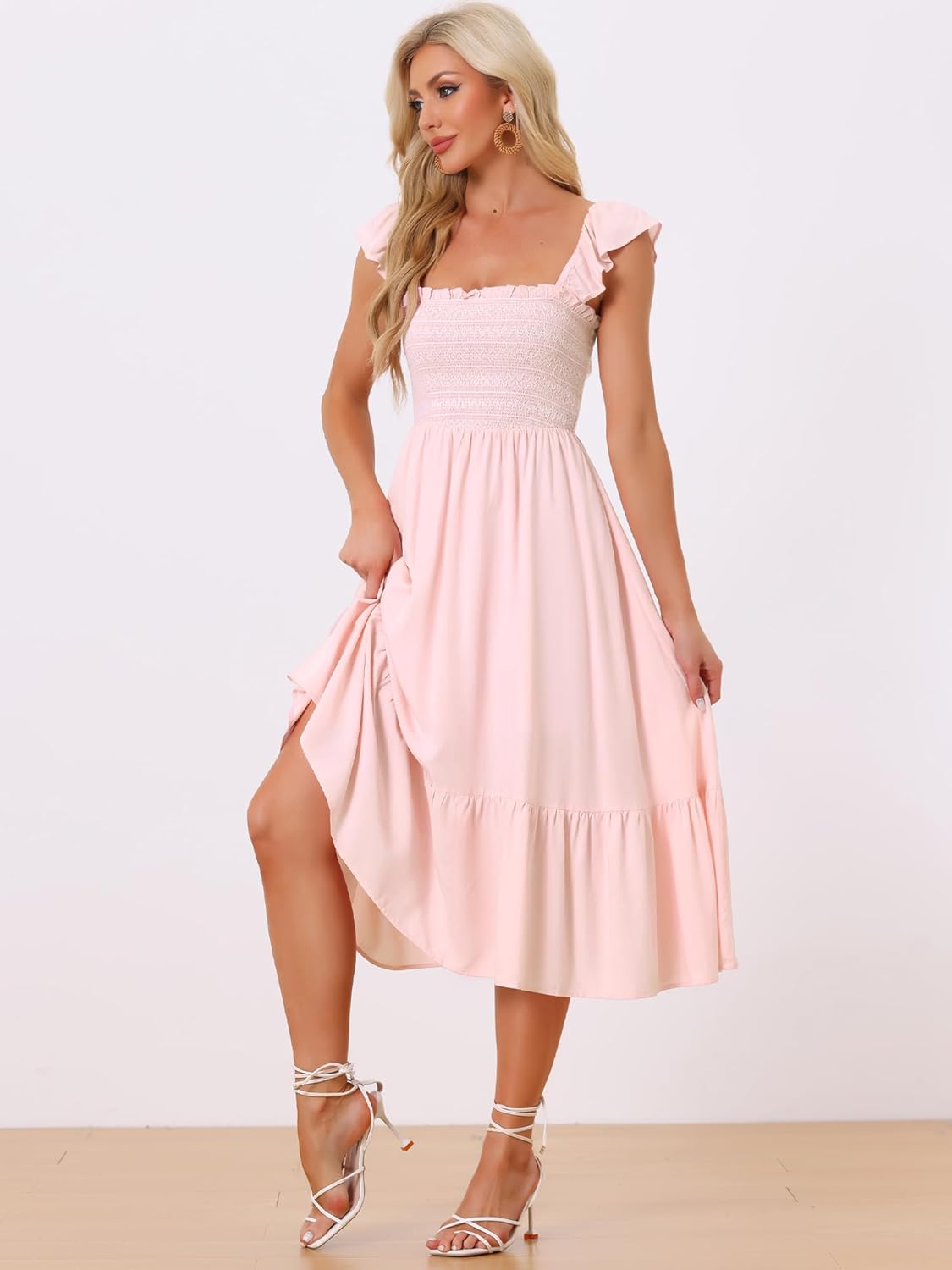 Allegra K Boho Midi Dress for Women's Square Neck Ruffle Tiered Flowy Smocked Sundress - Image 4