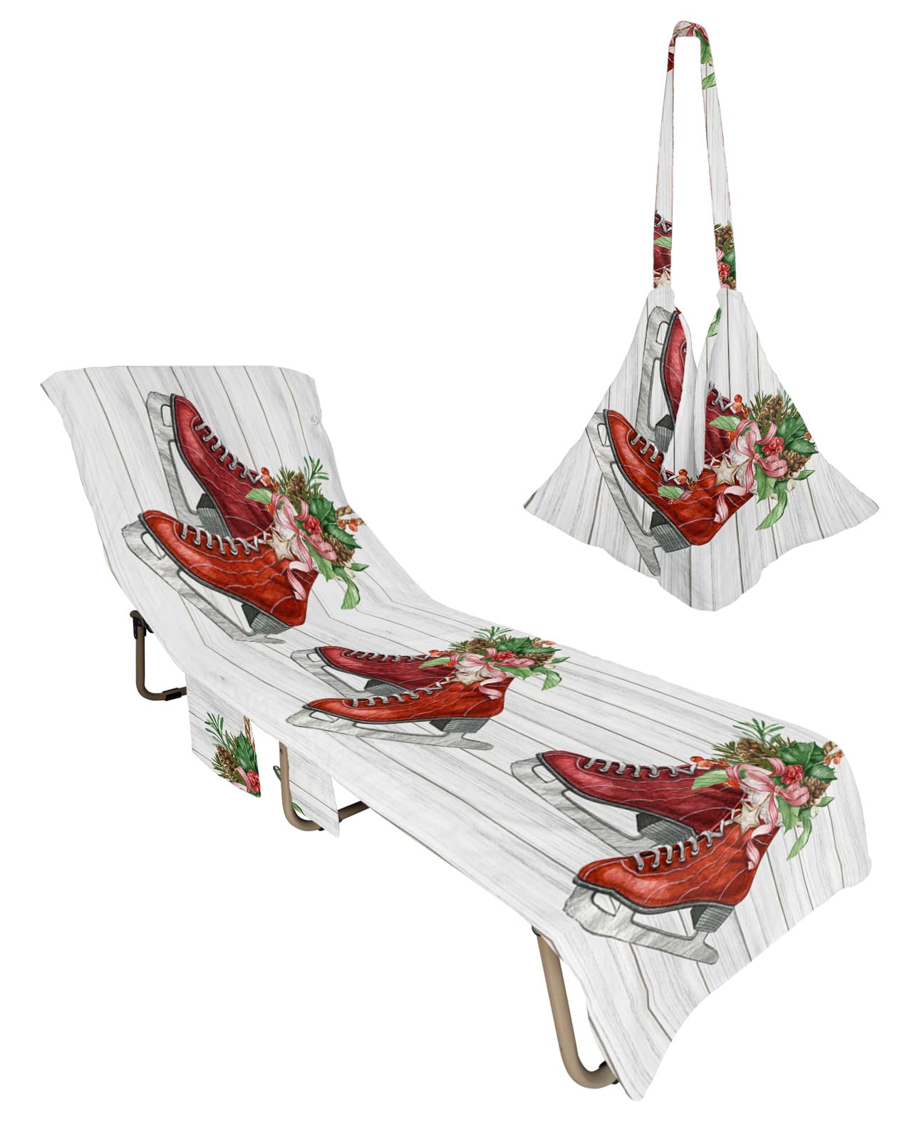 Christmas Beach Lounge Chair Towel Cover, Soft Chaise Lounge Towel with Side Pockets Patio Pool Chairs Cover for Beach/Pool Sunbathing 29x85 Vintage Wooden Xmas Pink Cones Botanical