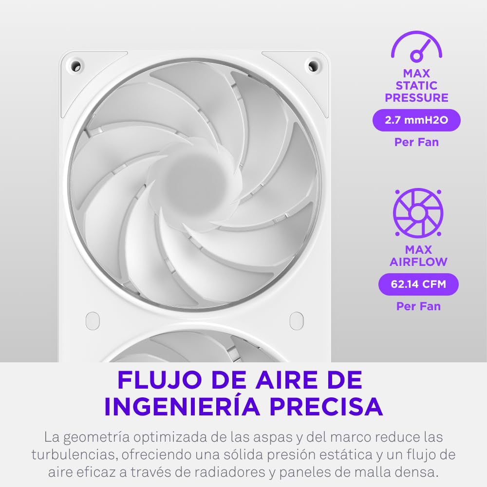NZXT F360 RGB Reverse - Ventilador Inverso Marco Único 360mm - Blanco | Unidad de marco único de 360mm con tres ventiladores RGB PWM de 120mm de aspas invertidas. Flujo de aire limpio para vitrina.
