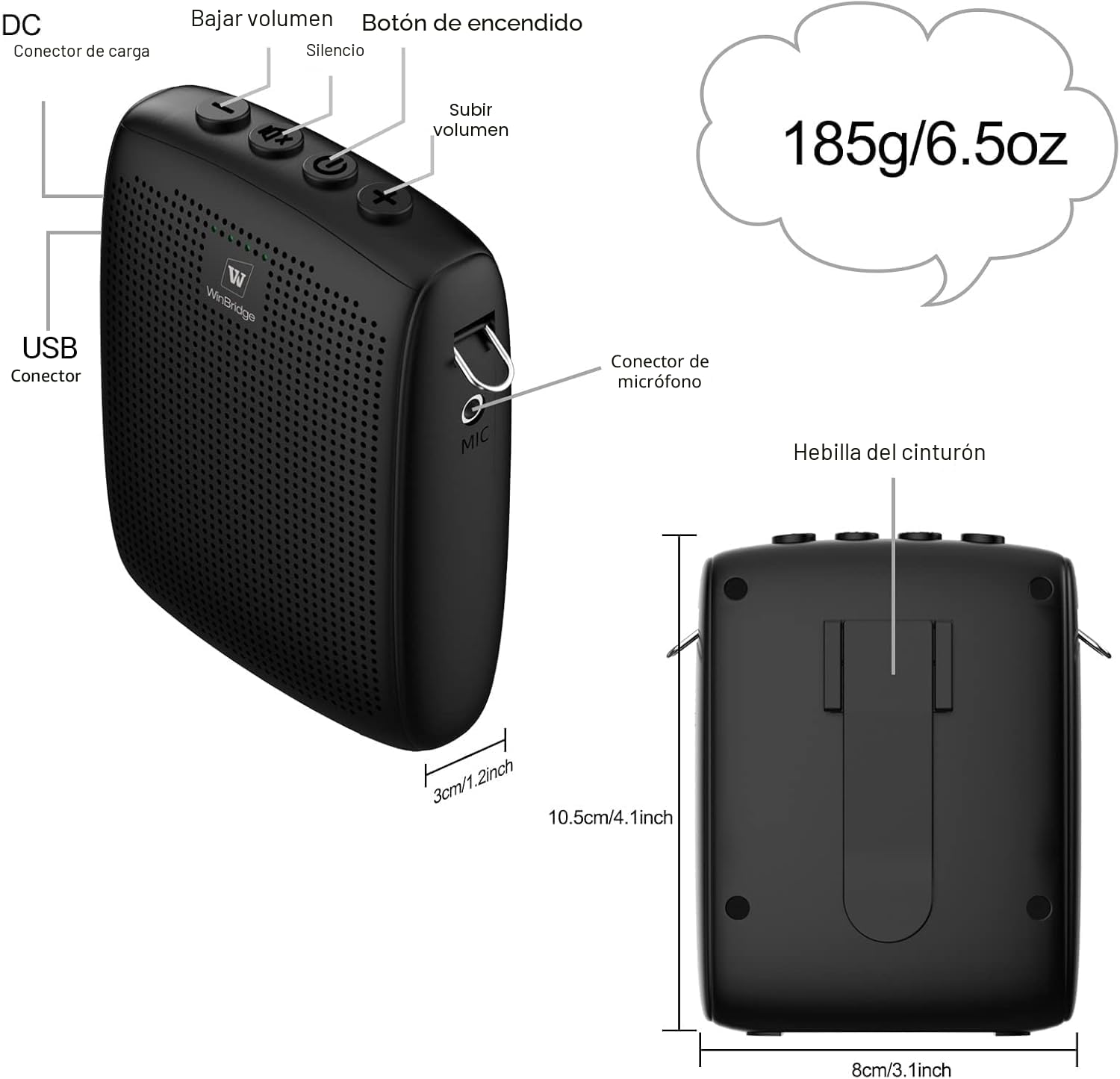 WinBridge Amplificador de Voz con Bluetooth, Kit de Altavoz Portátil y Micrófono, Altavoz con Micrófono Inalámbrico para Profesores, Guías Turísticos, Habla en Público e Instructores de Fitness, WB002
