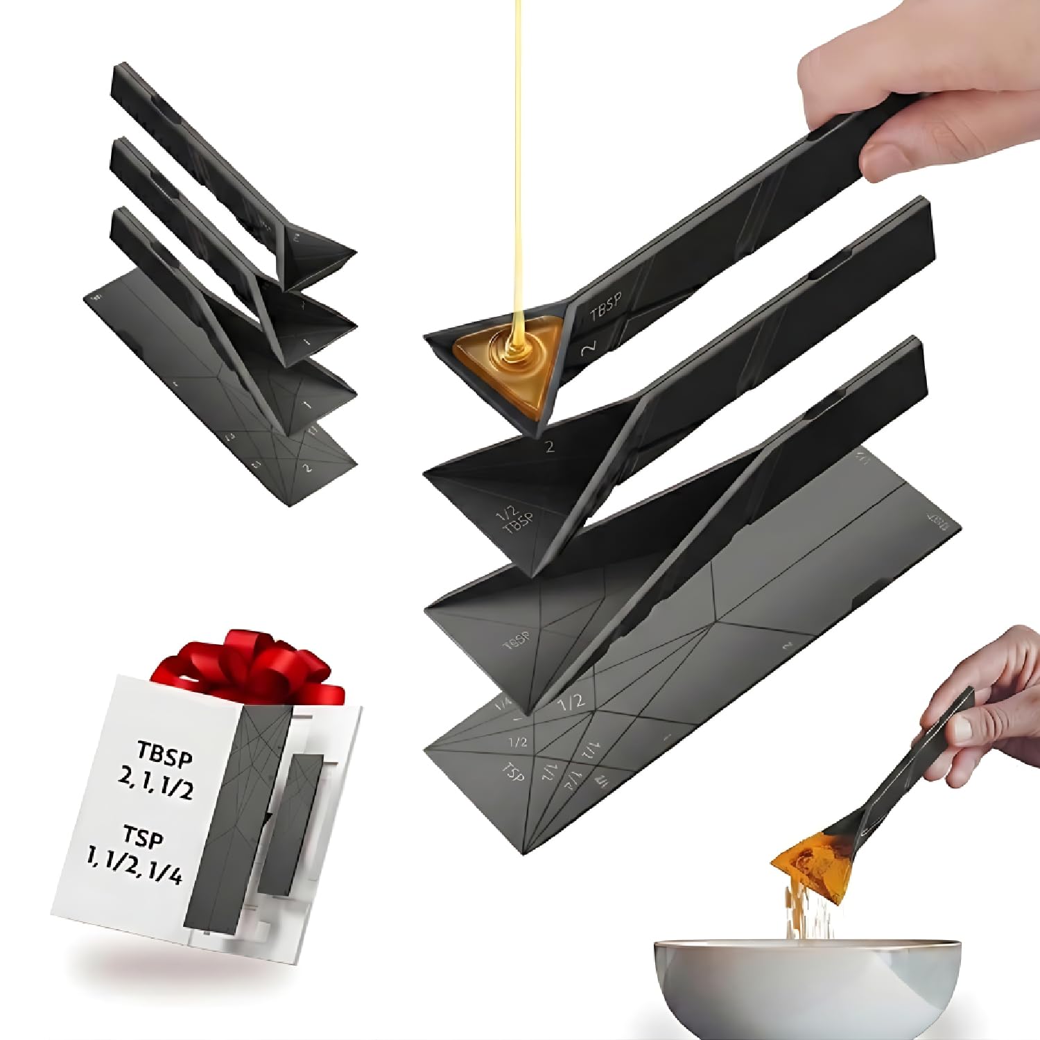 Flat 3-in-1 Folding Measuring Spoons Set, Magnetic Adjustable Measuring Spoon for Dry & Liquid Ingredients, Leakproof Space Saving Kitchen Tool for Baking & Cooking, 6 Sizes, 2 Pieces, Black-image-33