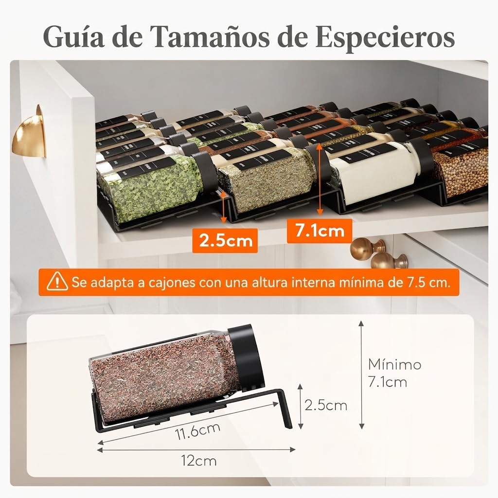 Lifewit Especieros para Cajones Cocina 24 Piezas con 24 Botes, Organizador de Especias Ajustable y Combinable para La Mayoría de Los Cajones, Estante antideslizante para Despensa y Encimera, Negro