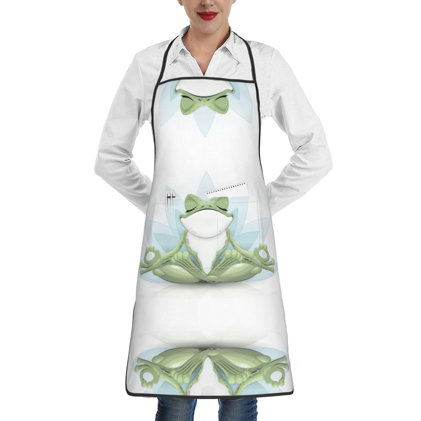 DUWAA Funny Yoga Frog Print Kitchen Bib Apron, Adjustable Oil Resistant, Cooking Kitchen Chef Apron For Women Men