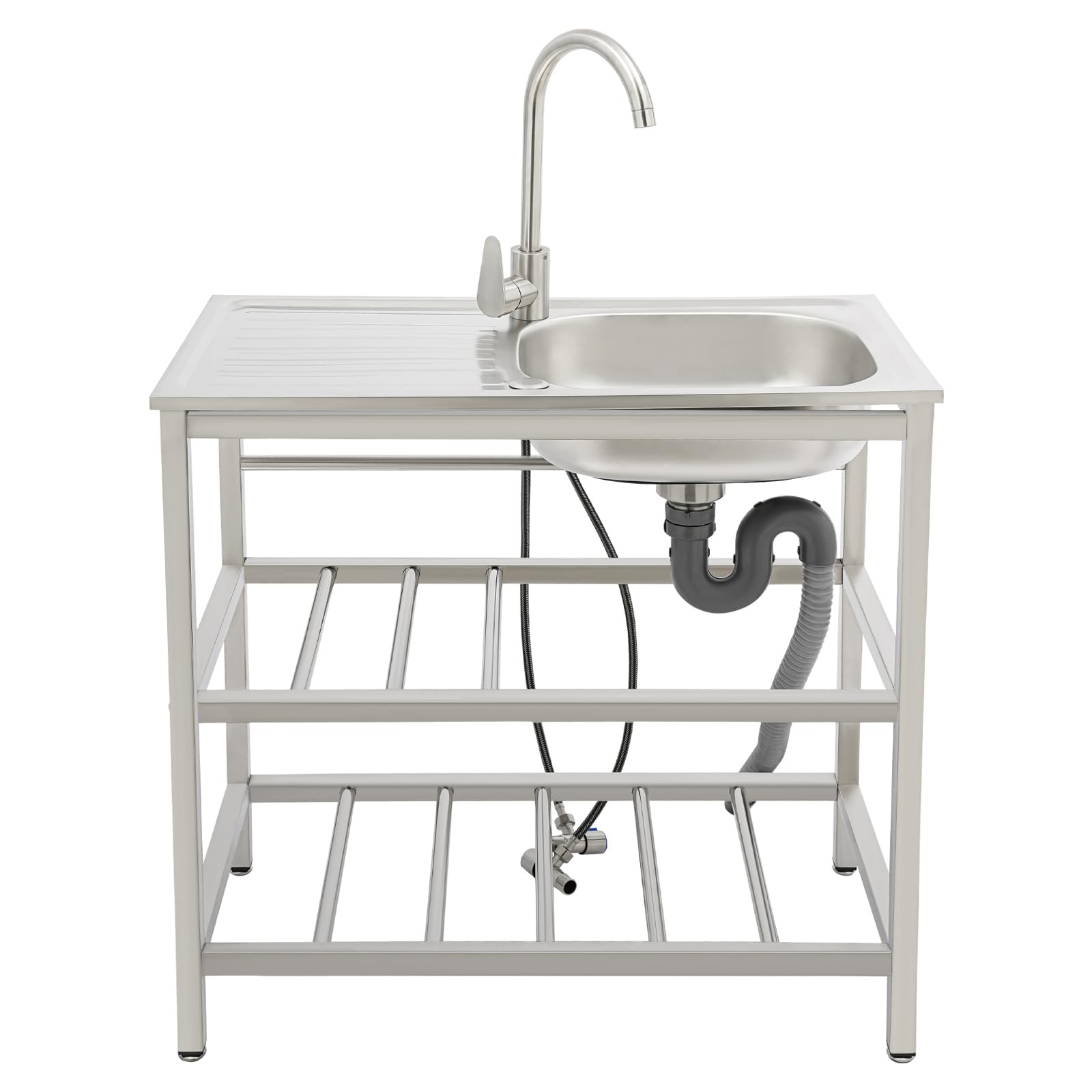 DIFU Edelstahl Spültisch 75x40x78cm Freistehende Spüle mit Unterschrank, Garten Camping Outdoor Spüle Freistehende Küchenspüle Commercial Mobile Multifunktionswaschtisch mit Plattform & Armatur