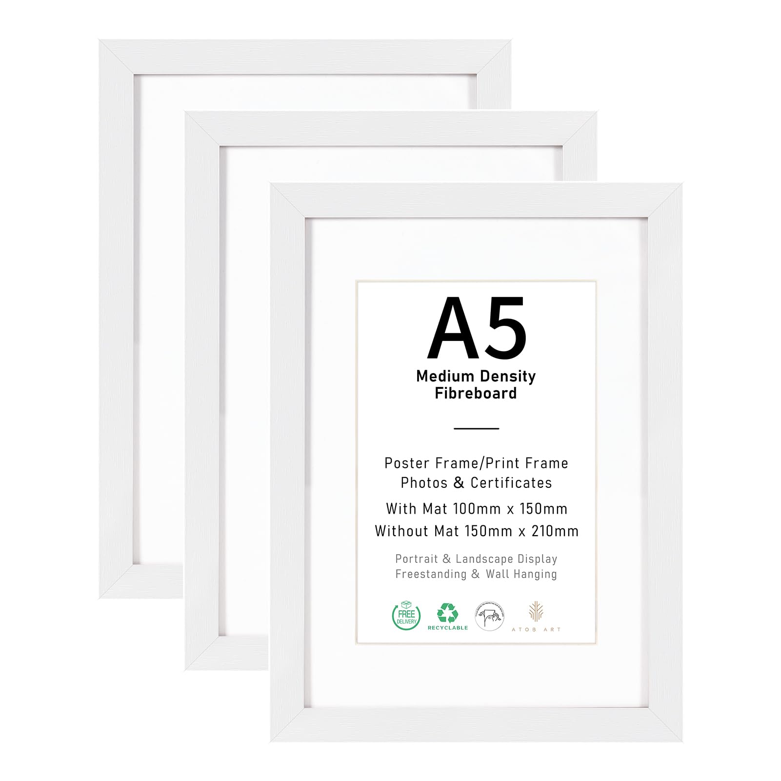A5/15x21 Picture Frame Set of 3, Display 10x15cm with Mat Images, White Natural Wood Photo Frames for Wall Mounting or Table Top Display