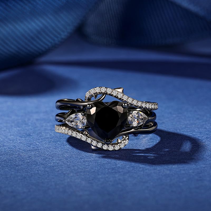 Image of Jeulia 3.1CT Interchangeable Engagement Ring Set Sterling Silver Black & White Heart Thorns Three Stone Wedding Bridal Ring with Gift Box