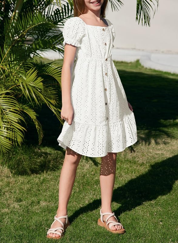 Girls Summer Dress Casual Puff Sleeve A-line Button Down Eyelet Midi Dress 6-15 Years3