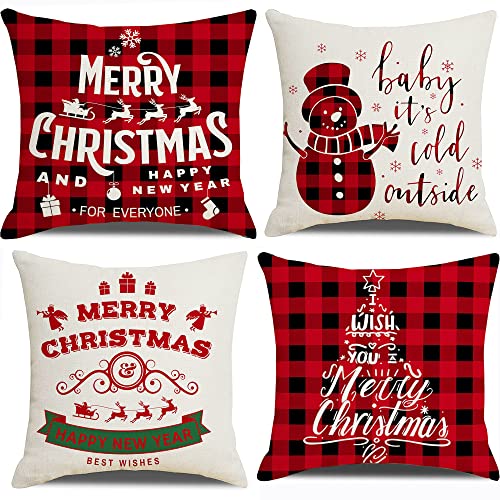 4 Stück Kissenbezug Weihnachten, Weihnachtskissen Kissen, Weihnachtsdeko Kissenbezug 45x45cm Weihnachtsmann Schneemann Elch Frohes Neues Jahr Weihnachtskissenbezug Cover
