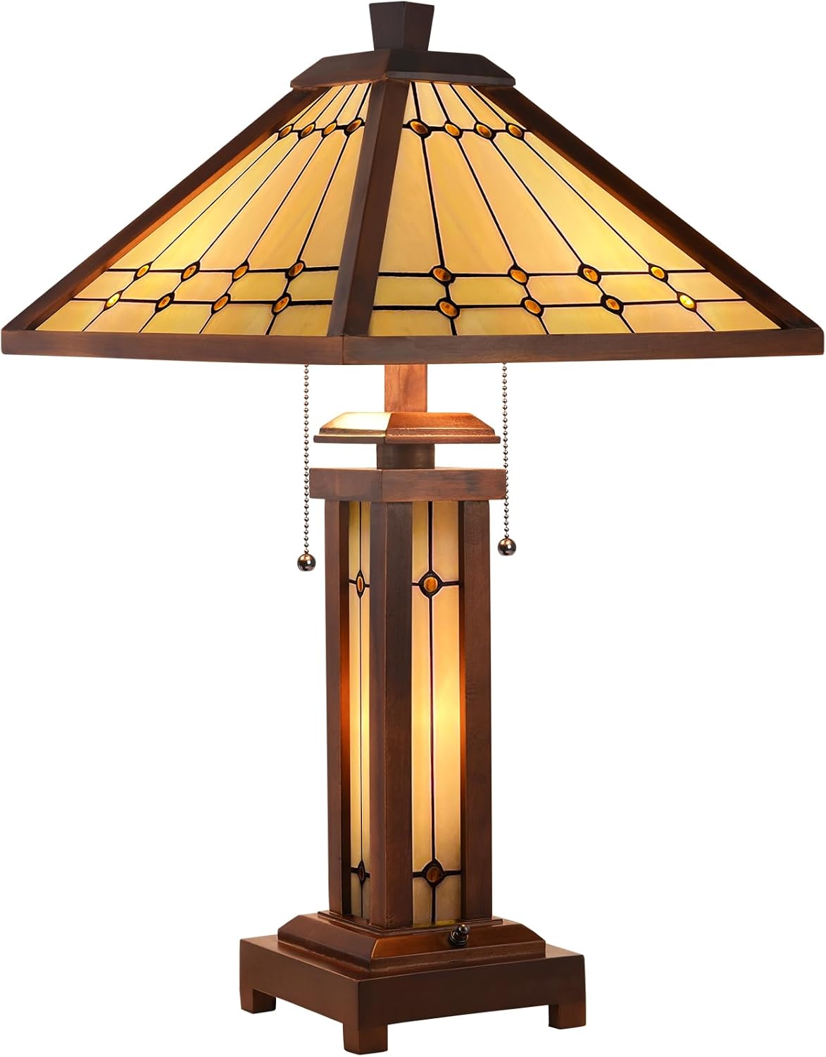 Capulina Tiffany Lamp Stained Glass Table Lamp 3-Light 15X15X26 Inches Wooden Base Mission Cream Crytal Tiffany Style Desk Lamp with Night Light Decor for Living Room Bedroom Home Office